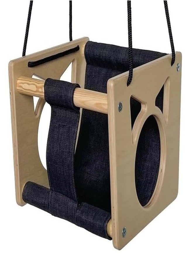 JULLYSS CRAFT Wooden Baby Swing with Denim Seat, Indoor Hanging Toddler Swing, Natural Wood Frame, Adjustable Height, 30.5 x 31.5 x 25 cm - Image 1
